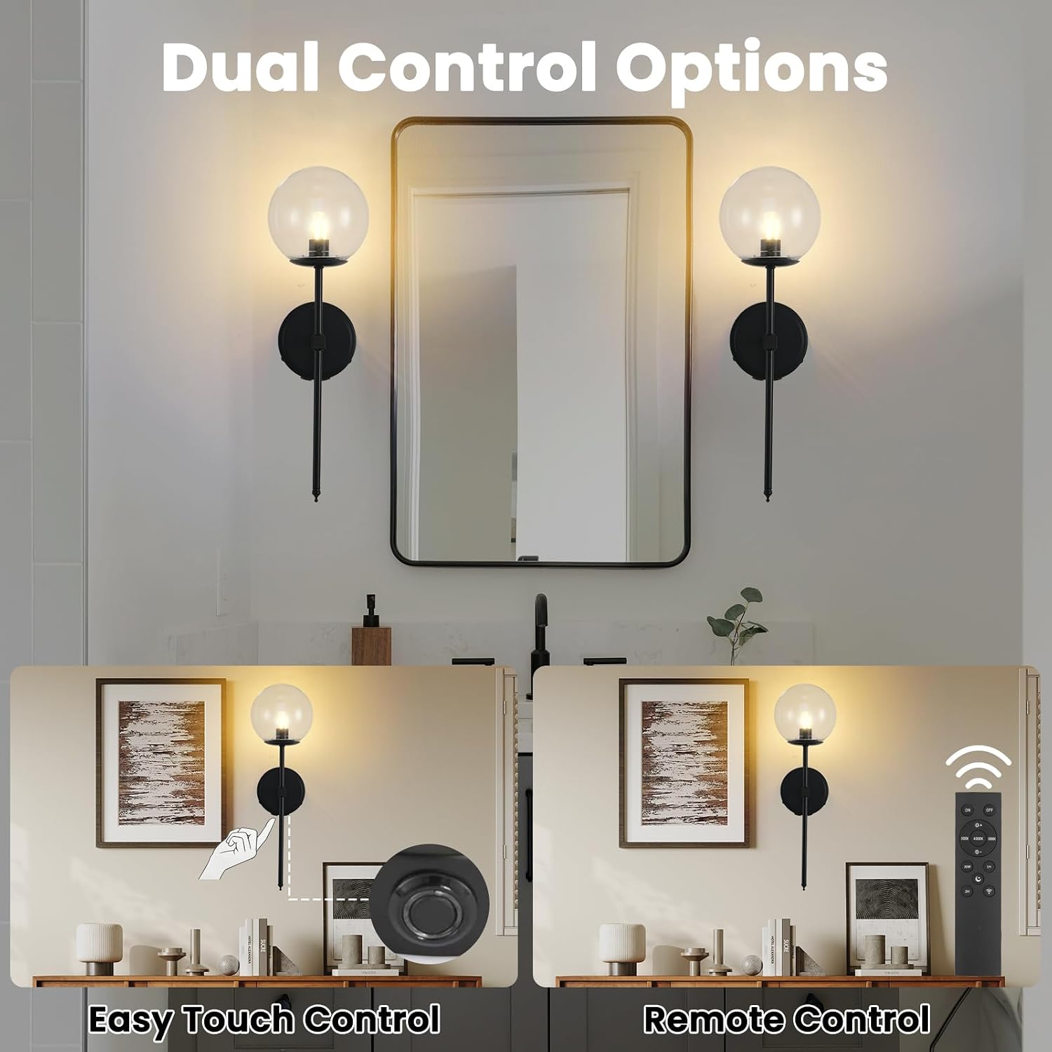 Battery Operated Wall Sconce Set of 2, Black 18.9" Rechargeable Wall Lights with Clear Globe Glass Llampshade, 3 Color Temperatures Dimmable, Wireless Wall Lamp with remote for Bedroom Hallway Living
