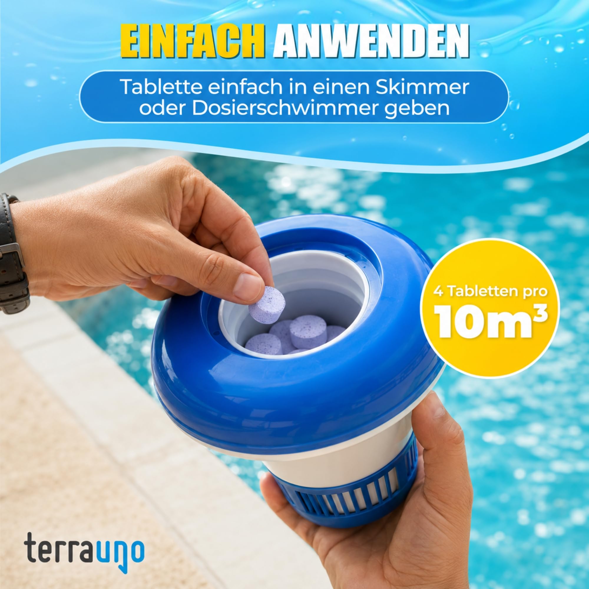 TerraUno Mini Chlortabletten Pool 1 kg, 20g Multitabs 5 in 1 langsamlöslich, Multifunktionstabletten mit Langzeitpflege für Pools, Planschbecken und Whirlpools, Aquamarin für kristallklares Wasser