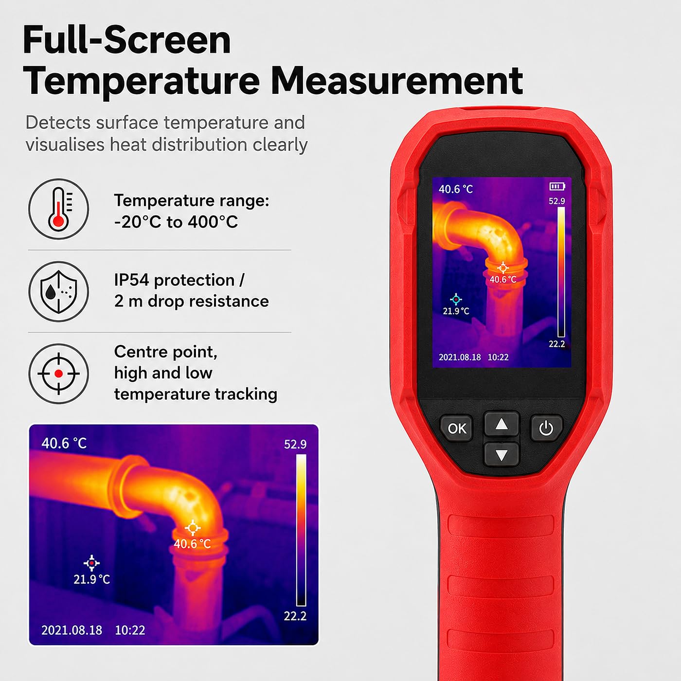 Cámara Térmica Infrarroja, Imagen LCD Recargable de 1080 Píxeles Cámara Portátil de Imágenes IR -20 °C - 400 °C (-4 °F A 752 °F) para HVAC, Inspección de Tuberías de Calefacción Por Suelo Radiante