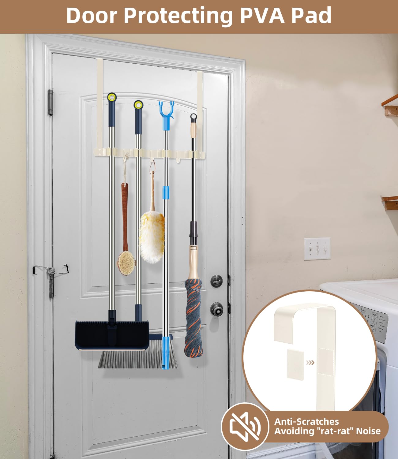 Soporte de escoba sobre la puerta - Soporte de escoba de acero inoxidable 304 montado en la pared o para colgar sobre la puerta con ganchos - Colgador de escobas, organizador de herramientas de 3