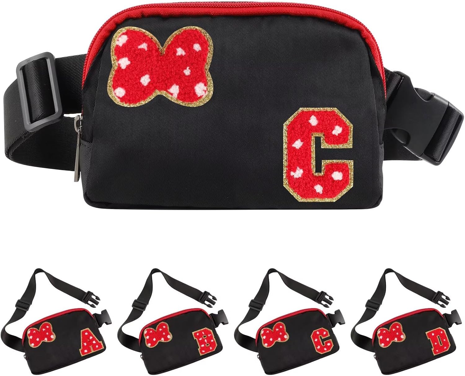 Initial Letter Bow Mouse-Ear Fanny Pack for Teen Girls,Cute Chenille Belt Bag Crossbody Travel Waist Pack for Women&Kids,Personalized Gift for Theme Park,School & Travel, Birthday Christmas(C)