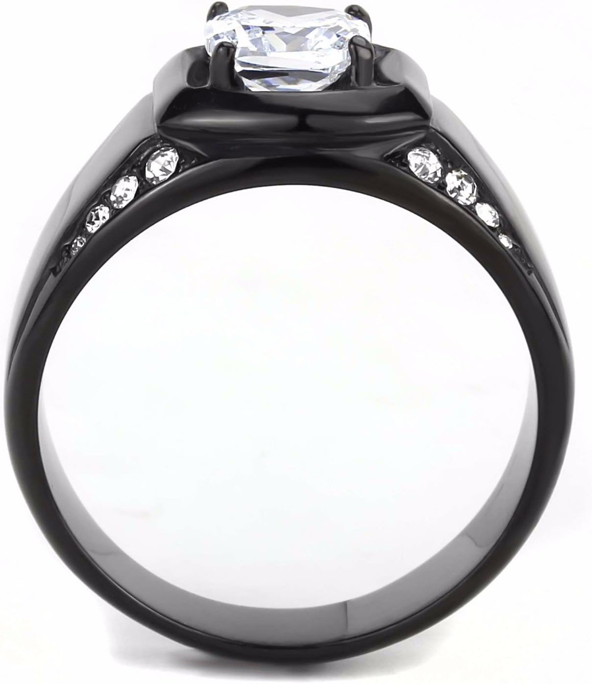 7x7mm Cushion Cut CZ Center Two Row Side Stone Black IP Stainless Steel Mens Ring