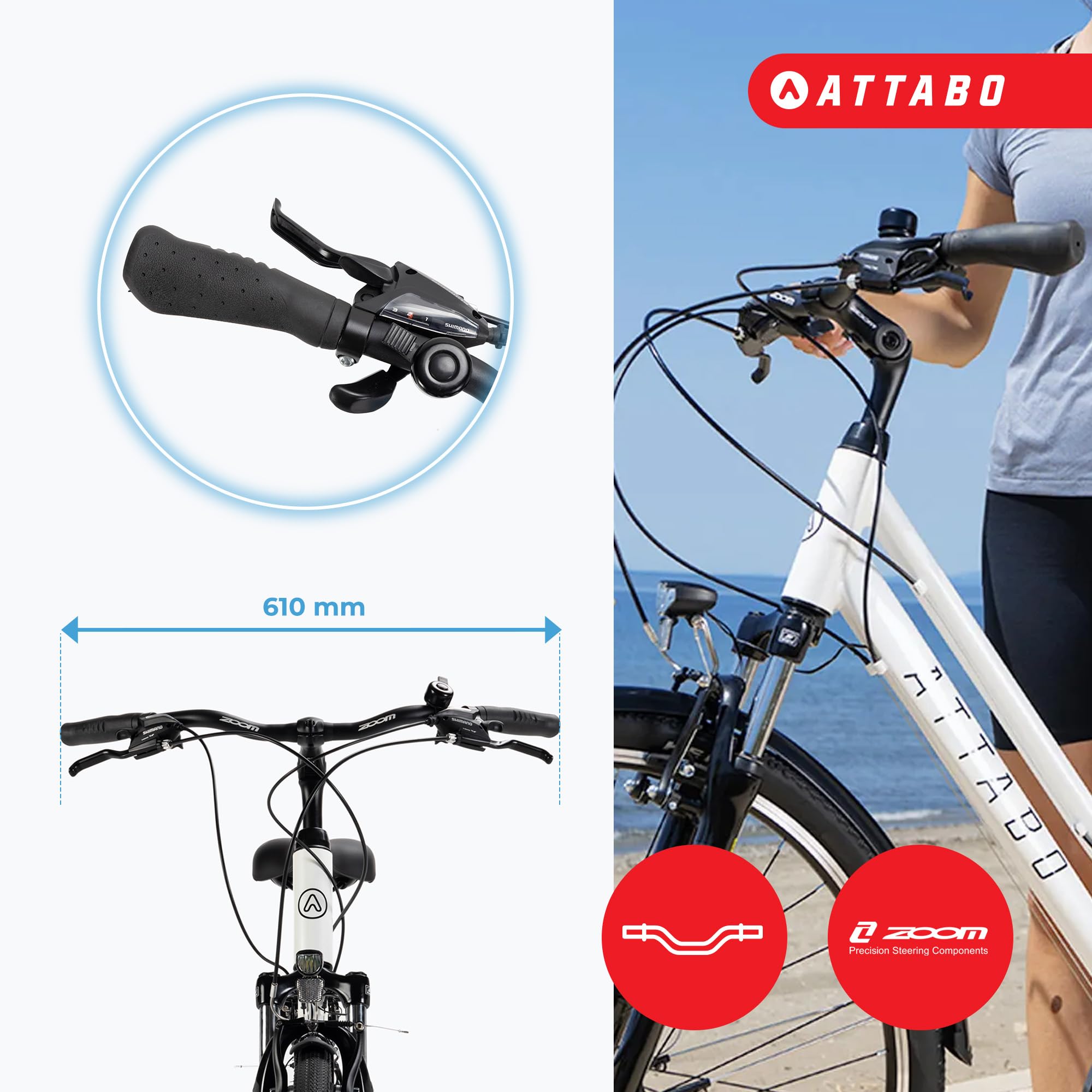 ATTABO Bicicletta da trekking da donna con telaio da 17"|19" Bici Donna con Manubrio ergonomico Bici Trekking con ruote da 28" con portapacchi posteriore Campanello catarifrangenti Bianco|Blu