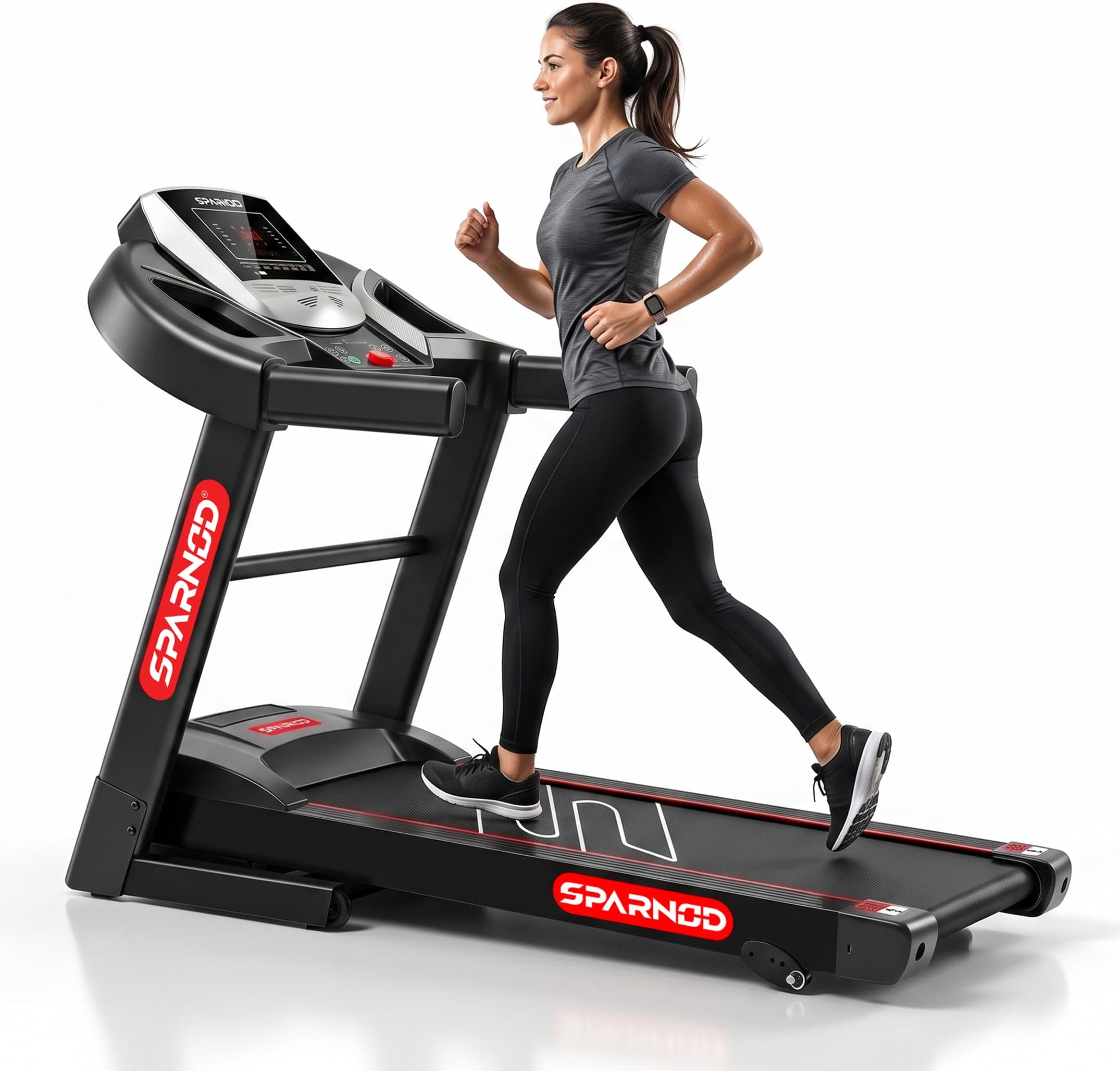 Sparnod Fitness STH-1200 Motorized Treadmill for Home Use, 4 HP Peak DC Motor, Bluetooth,12 km/hr Speed, 110 kg Max User Weight, 12 Preset Workouts, Manual Incline, Hi-Fi Speaker, Safety Key