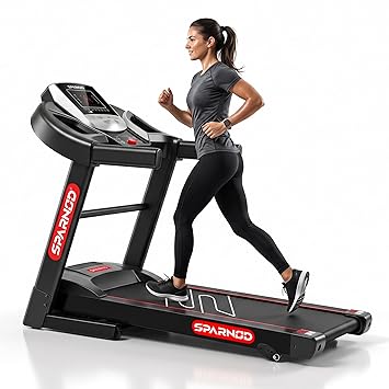 Sparnod Fitness STH-1200 Motorized Treadmill for Home Use, 4 HP Peak DC Motor, Bluetooth,12 km/hr Speed, 110 kg Max User Weight, 12 Preset Workouts, Manual Incline, Hi-Fi Speaker, Safety Key