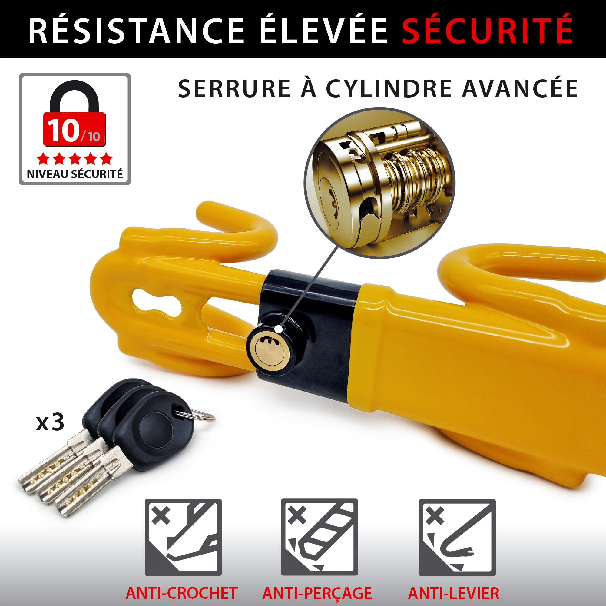 KRASER KR842Y Antivol Voiture, Haute Sécurité, Canne Antivol Voiture Double Barre, Bloque Volant Plus Robuste et Dissuasif, Crochets Protection Anti-Rayures, Bloc Anti Vol Universel Auto Camping-Car