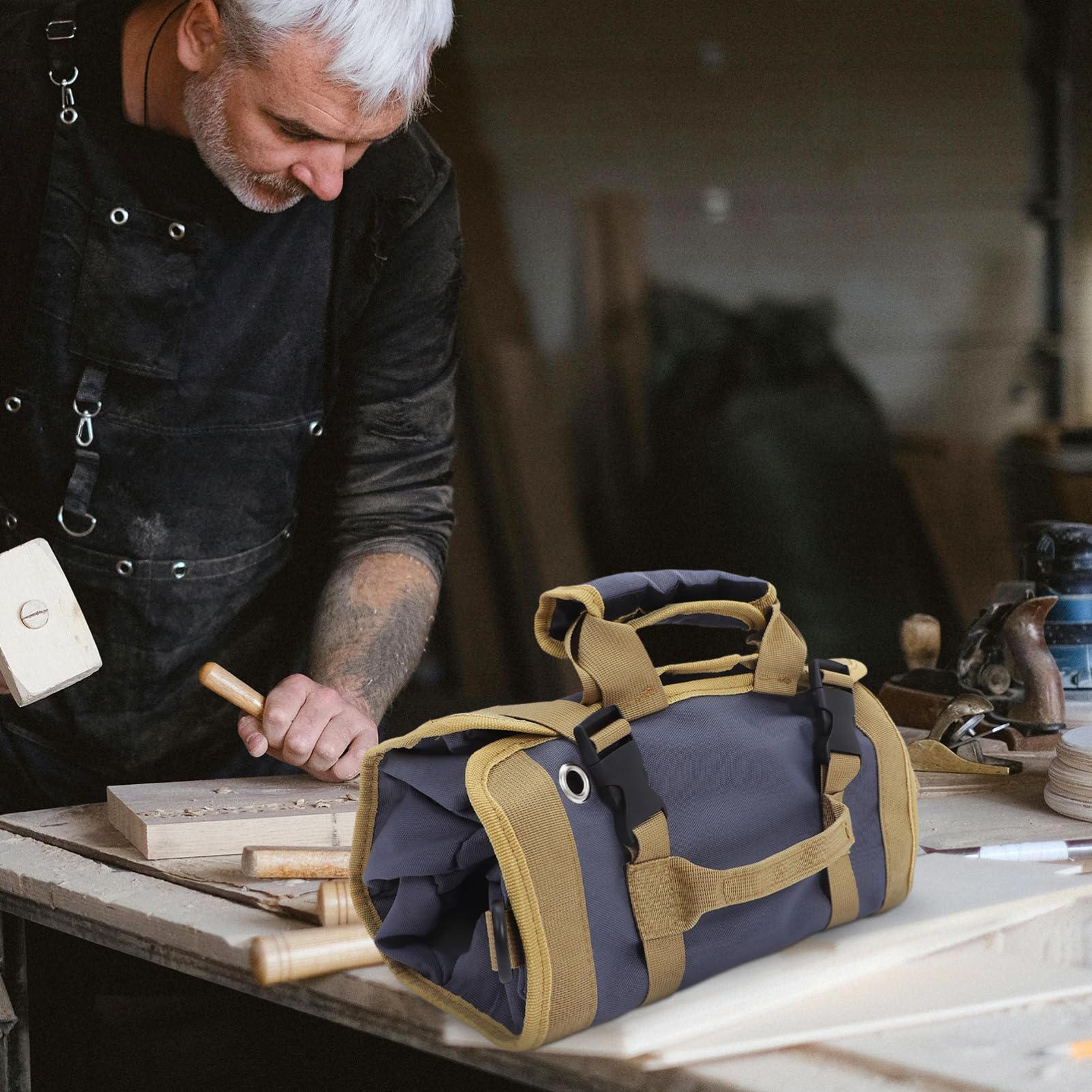 Borsa Porta Attrezzi Arrotolabile in Canvas, Organizer Portatile | Elettricisti e Lavoratori, Uso per Lavorazione del Legno e Auto, Design Multiuso Chiusura Arrotolata