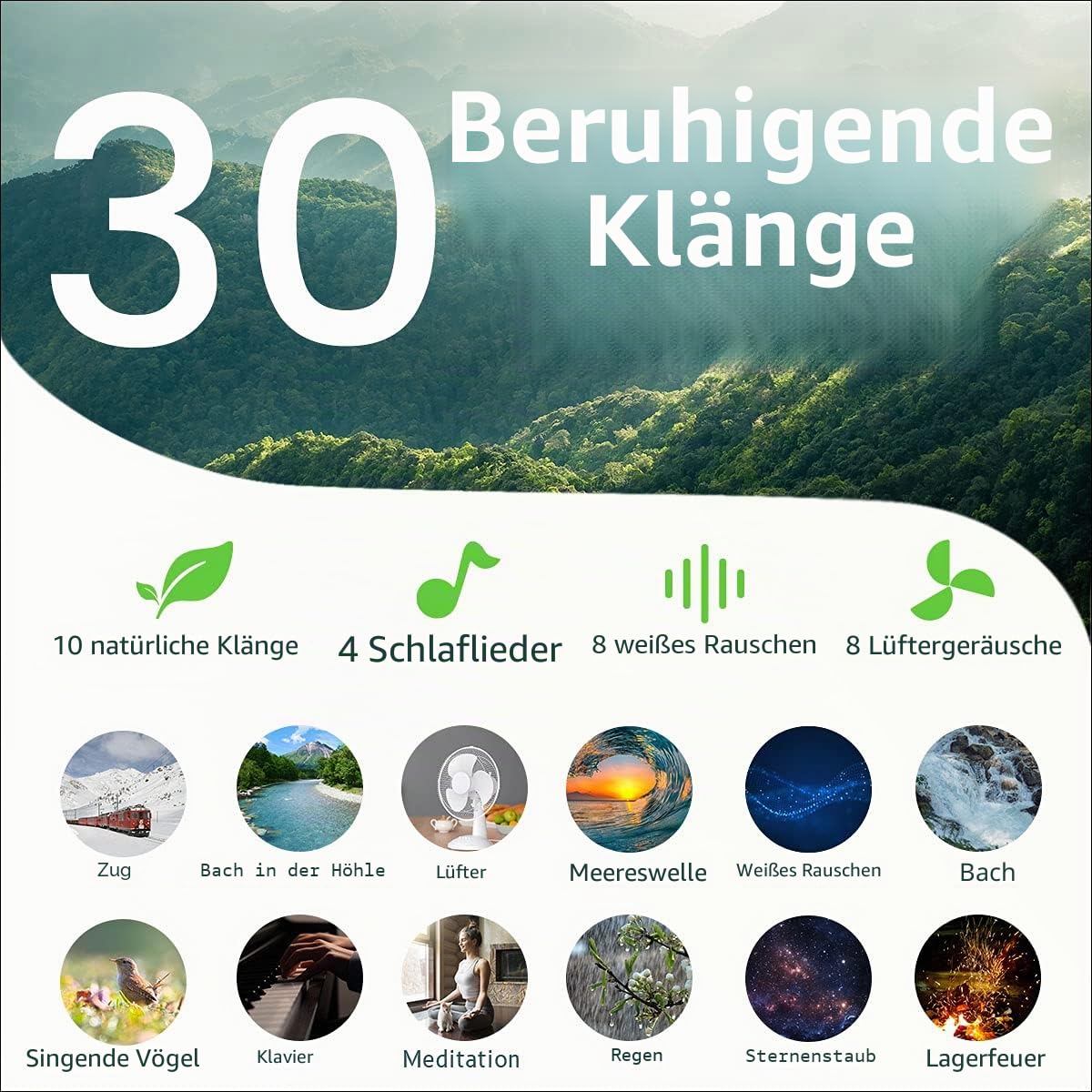 Easysleep Sound White Noise Machine mit 25 beruhigenden Geräuschen und Nachtlichtern mit Memory-Funktion, 32 Lautstärkestufen und 5 Sleep-Timer