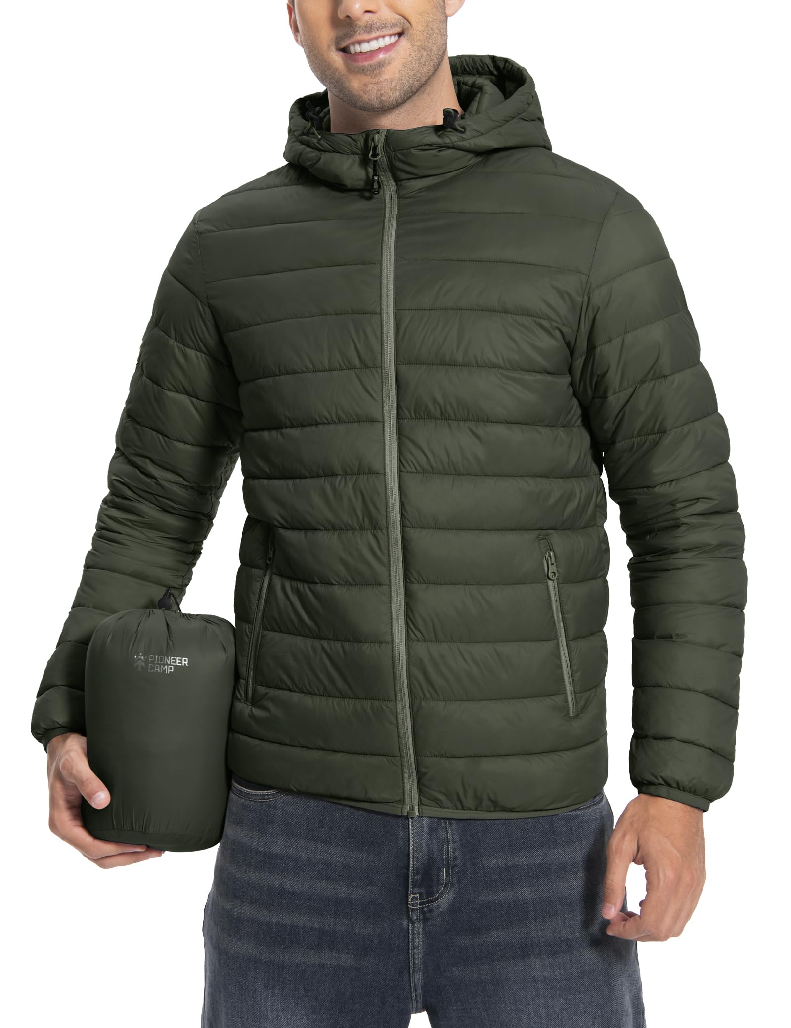 Veste matelassée légère pour homme - Veste d'hiver mi-saison - Veste d'extérieur avec capuche et 6 poches, vert, XXL