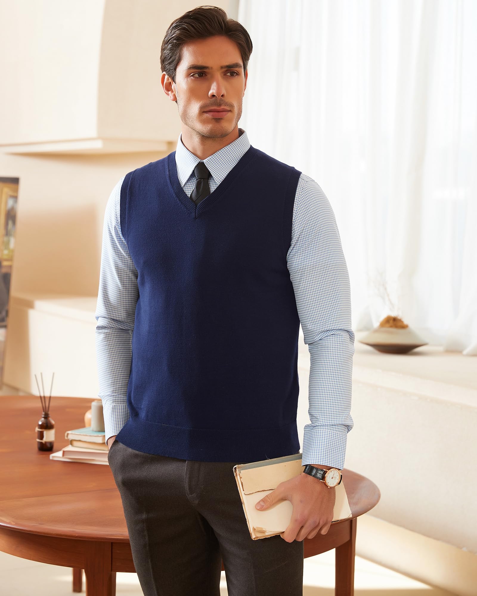 Kallspin Hombres de Algodón sin Mangas Jerseys Cuello en V de Punto Chalecos Suéter Chaleco Corte Relajado Pullover