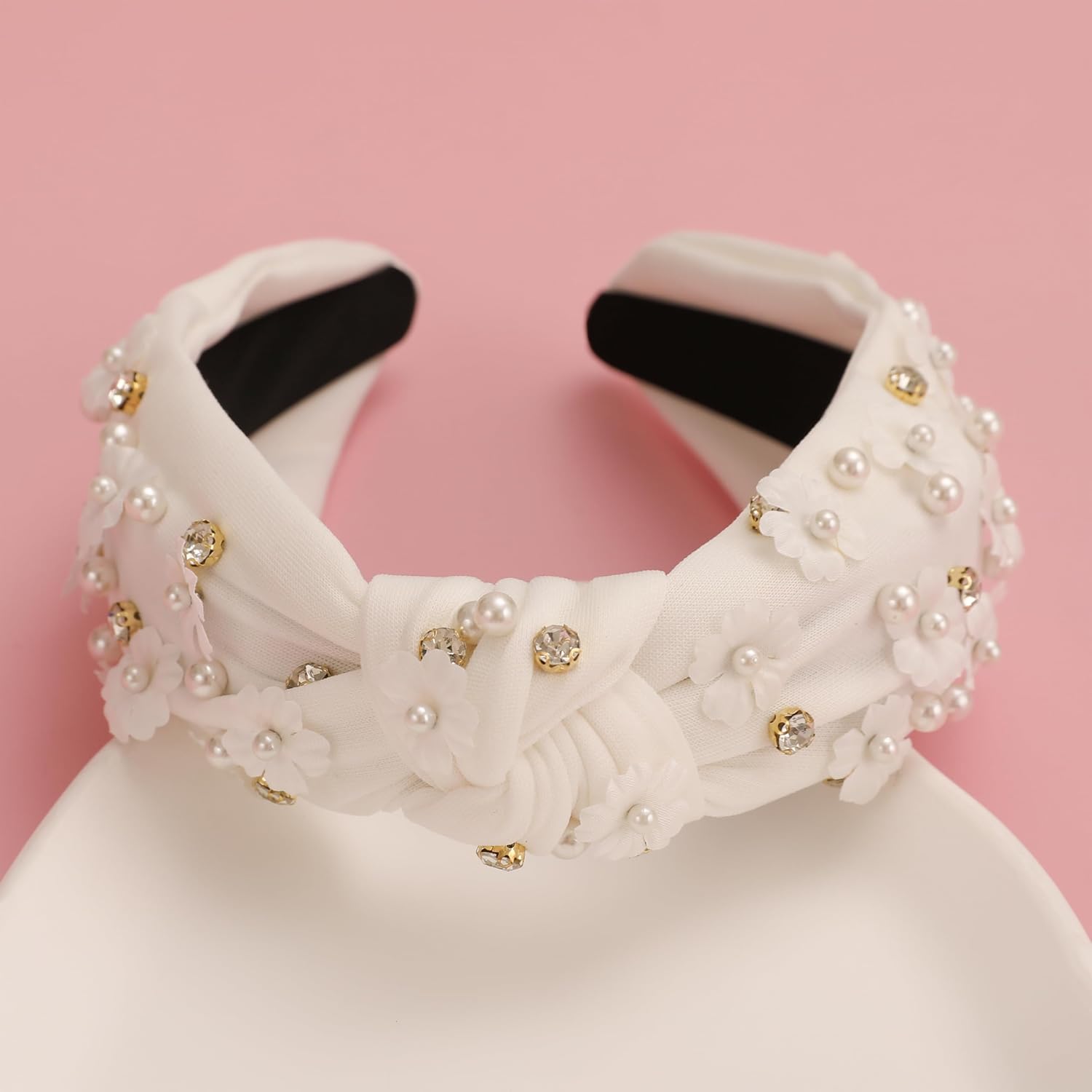 Flower Knotted Headbands for Women Sparkly Beaded Crystal Floral Headband Wide Top Knot Fancy Embellished Hairband Fashion Girls Summer Holiday Hair Accessories D-White