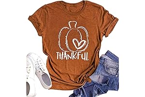 Thankful Shirts Women Thanksgiving Pumpkin T-Shirt Funny Graphic Tees Short Sleeve Fall Tshirts