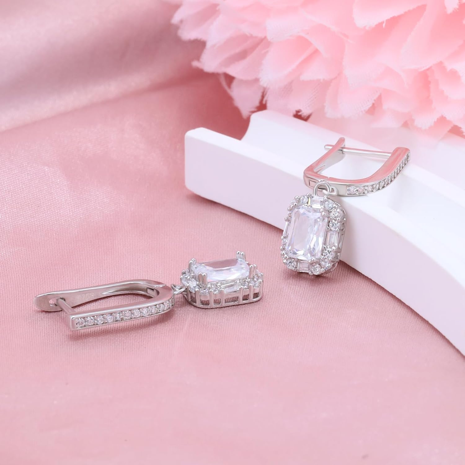 Dangle Hoop Earrings with Square Cz Charm Sterling Silver Princess Cut Cubic Zirconia Bridal Halo Dangle Earrings Wedding Sparkling Crystal Jewelry for Women Mother's Day Gifts for Mom Daughter - Image 2