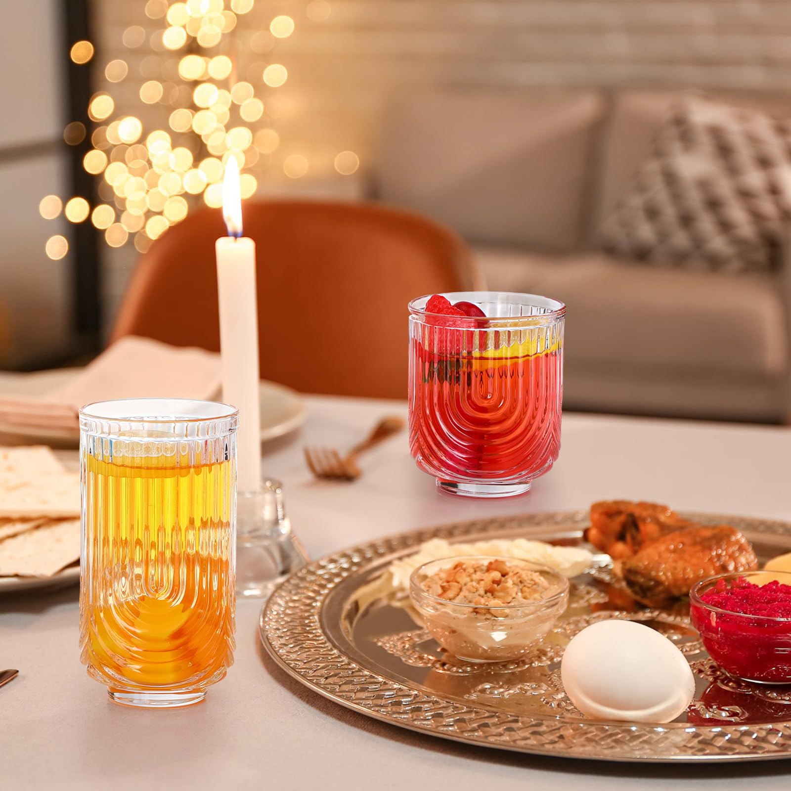 Vesici 8 Stück Trinkgläser, Cocktailgläser, Bogen-Design, Highball, gerippte Glaswaren, Vintage-Becher, gewellt, ästhetische Becher für Whiskey, Wasser, Getränke, Eis, Kaffee, Saft, Milch, 400 ml und