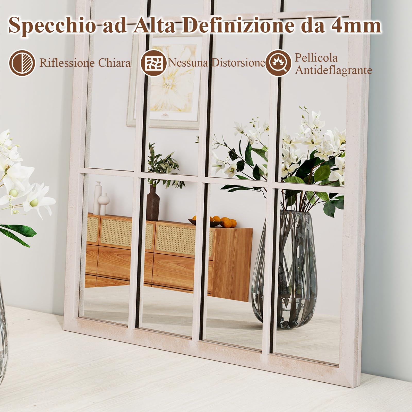 COSTWAY Specchio da Parete, Specchio a Finestra in Stile Rustico con Cornice Metallica, Specchio Decorativo Antideflagrante per Soggiorno Ingresso Camino, 115 x 50 cm
