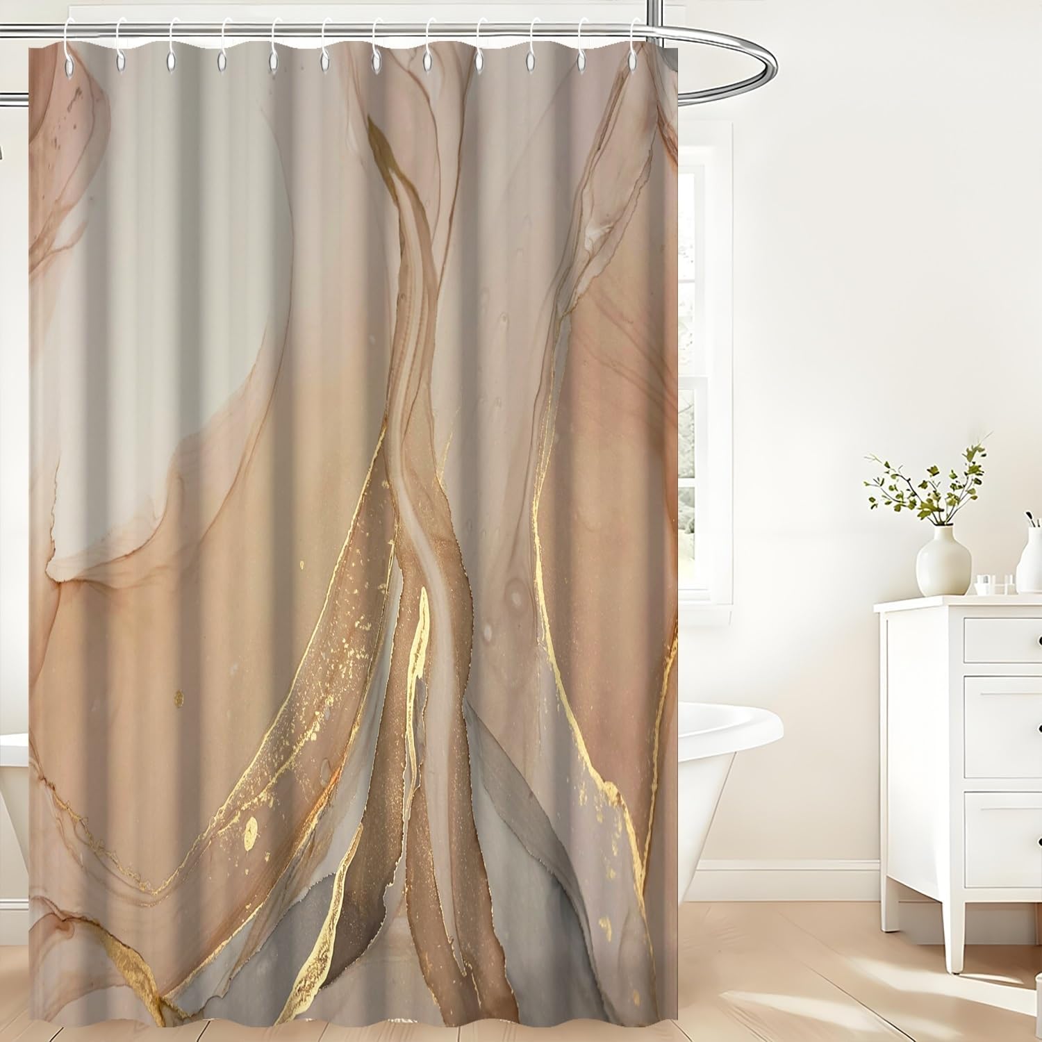 Brown Shower Curtain for Bathroom Abstract Ombre Grey and Brown Marble Texture Gold Veins Modern Bath Curtain Waterproof Polyester Fabric Shower Curtains Set with Hooks,72x84inch