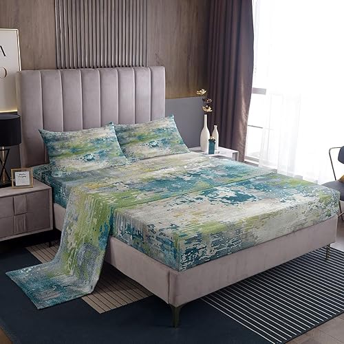 Miniatura 20 de Erosebridal Juego de sábanas modernas abstractas tamaño King, juego de ropa de cama bohemio trippy verde menta gris juego de sábanas acuarela pastel