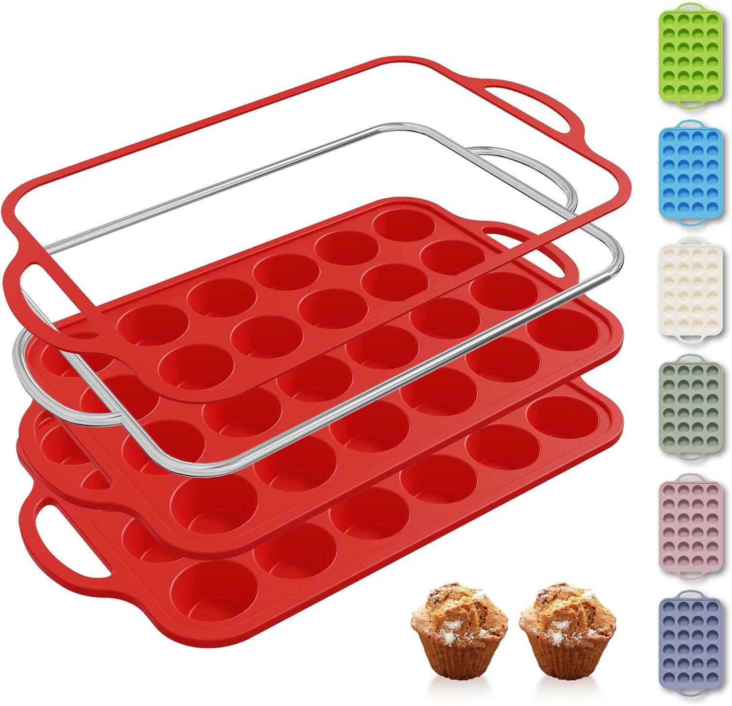 2 packs 24 cups silicone muffin pan for baking with metal reinforced frame mini size cupcake pan tray chocolate egg pizza bites oven cookie mold muffin tin tart pans sheet set small 2pc: 24-cup mini red
