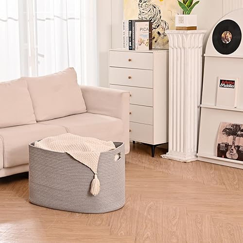 Miniatura 56 de Cesta grande para manta para sala de estar, canasta de almacenamiento rectangular, canasta grande para mantas, cestas de cuerda de algodón tejida
