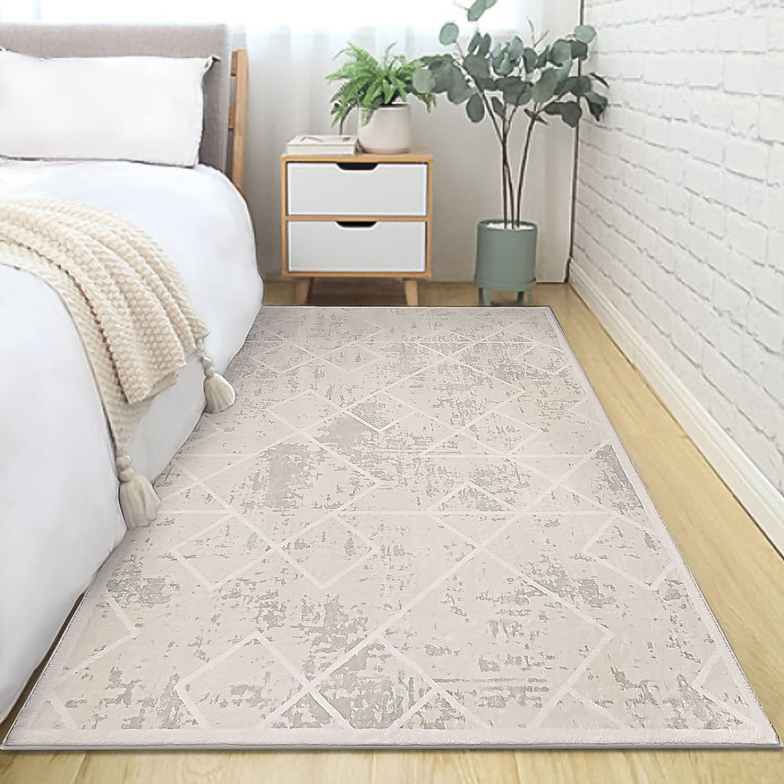 Leesentec Tappeto Soggiorno Tappeto Salotto Moderno Tappeti Pelo Corto per Camera da Letto Geometrico Tappeti Salotto Tappeto Antiscivolo beige (Bianco Avorio, 80 * 120cm)