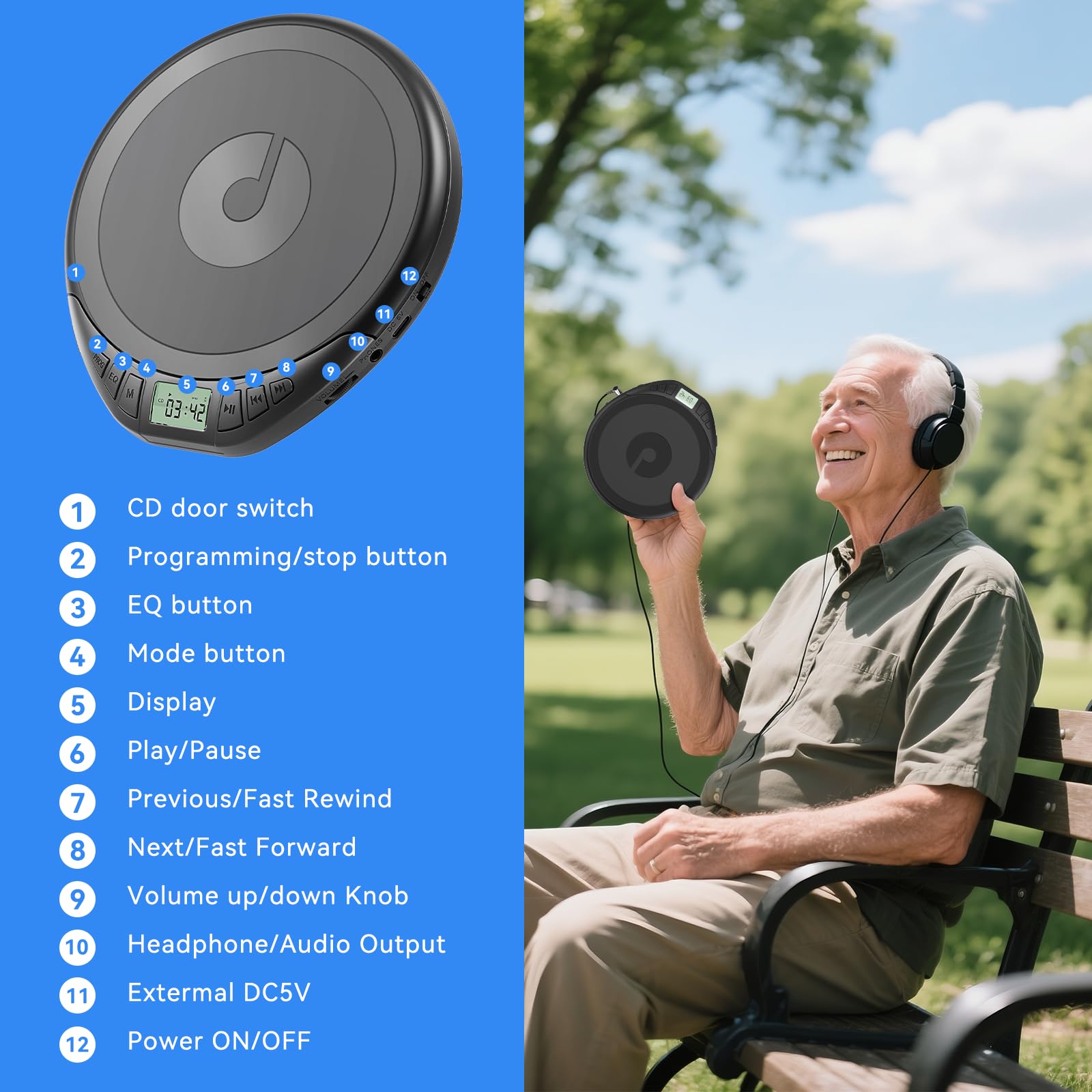 CD Player Tragbar: KOVCDVI Tragbarer CD-Player mit LCD-Display, Unterstützt CD-R/CD-RW/MP3-Wiedergabe, Kopfhöreranschluss, BBS/POP/Rock/Jazz/CLAS Soundmodi Schwarz