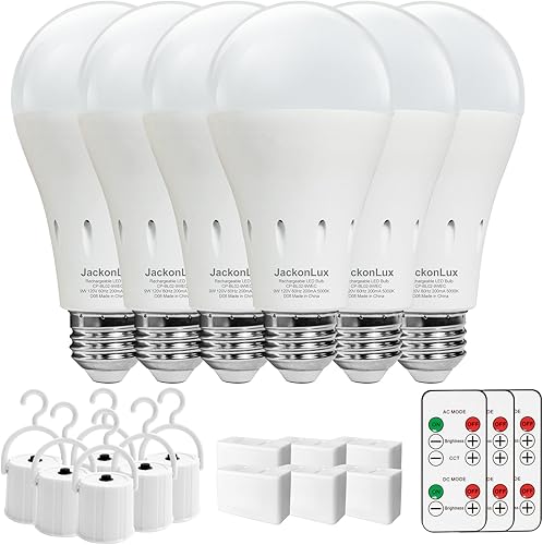 JackonLux Lámparas alimentadas por batería sin electricidad, bombilla recargable de emergencia E26 con control remoto para cortes de energía en