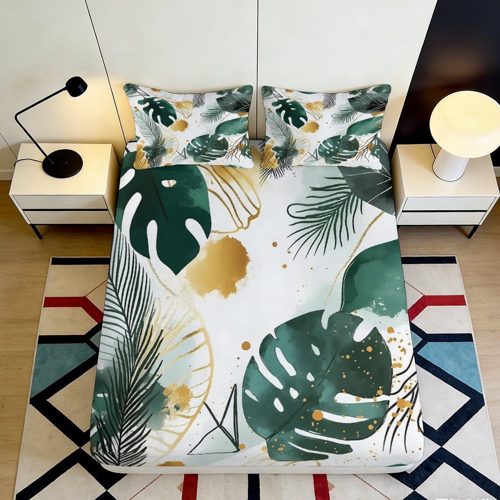 3D Printed Tropical Leaves Fitted Sheet Microfiber Soft Breathable Palm Print Mattress Cover for Bedroom Dormitory Guest Room Protection Decor 120x200x25cm