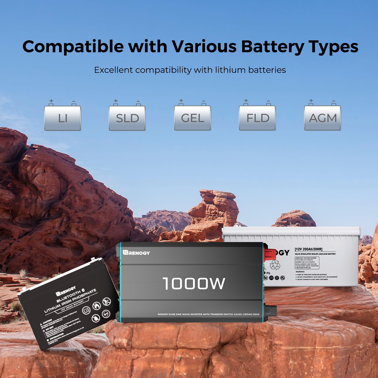 Renogy 1000W/2000W Convertisseur 12v 220v/230v Pur Sinus Transformateur, DC AC Onduleur Power Inverter Allume 2 Prise EU de Courant Alternatif pour Voiture, Camping, Voyage, Panneau Solaire, VR