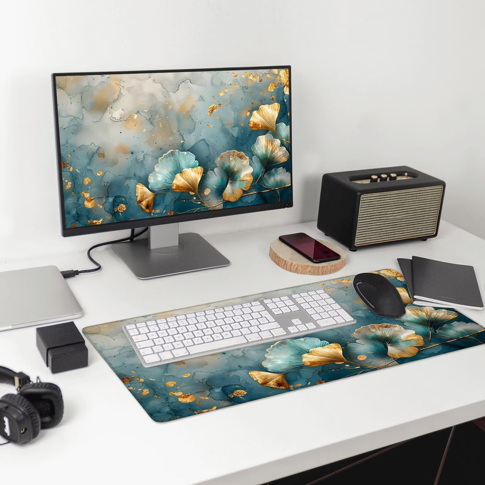 Alfombrilla Ratón Gaming, 1500x600x4 mm Alfombrilla Ratón XXL Retro, Impermeable Alfombrilla Escritorio con Tela de Micro Tejido Superior, Base Antideslizante, Mousepad para Juego (Gingko Biloba) G-5