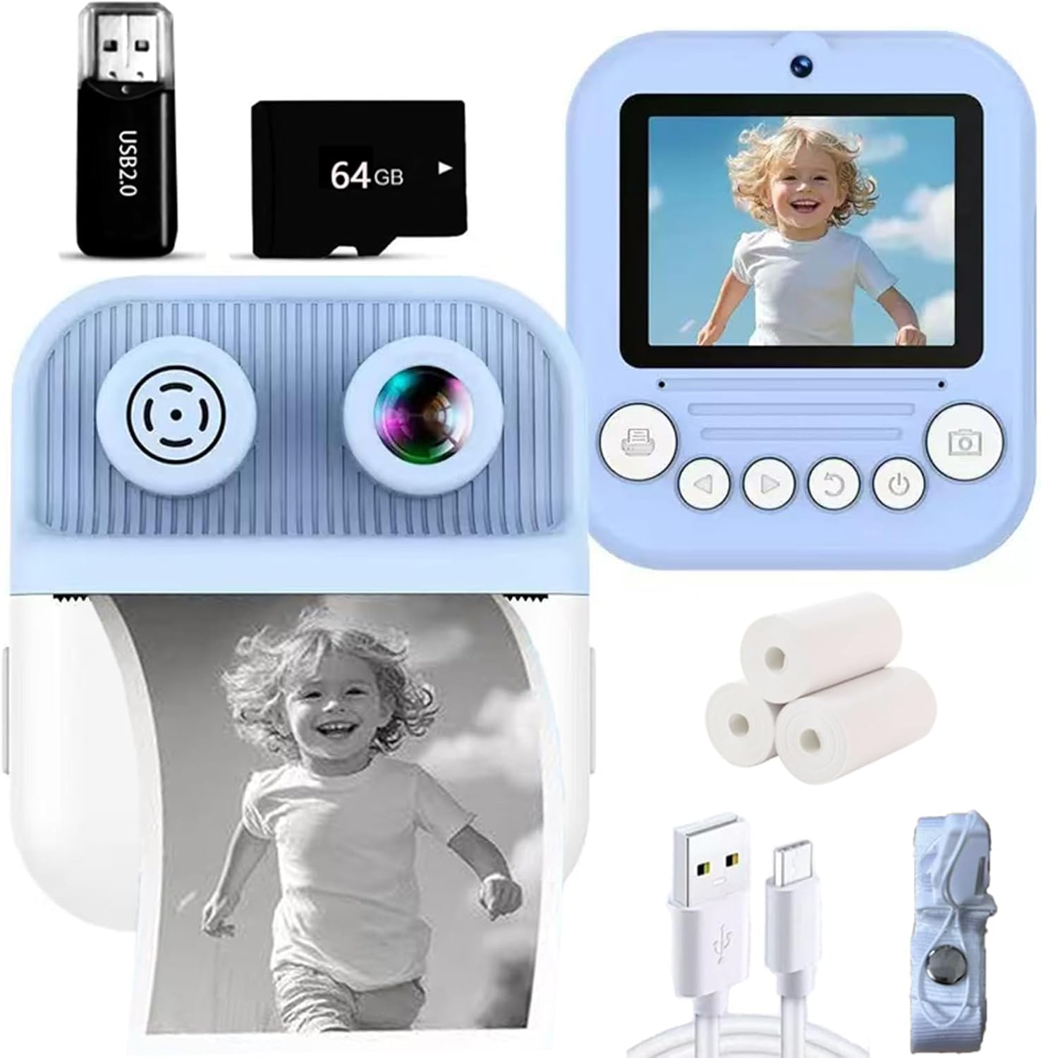 Dual-Lens Instant Print Camera for Kids, 48MP Thermal Instant Printing Camera with 2.4 Inch IPS Screen for Toddler, Boys Girls Christmas Birthday Gifts Photo Printer with 64GB SD Card (Blue)