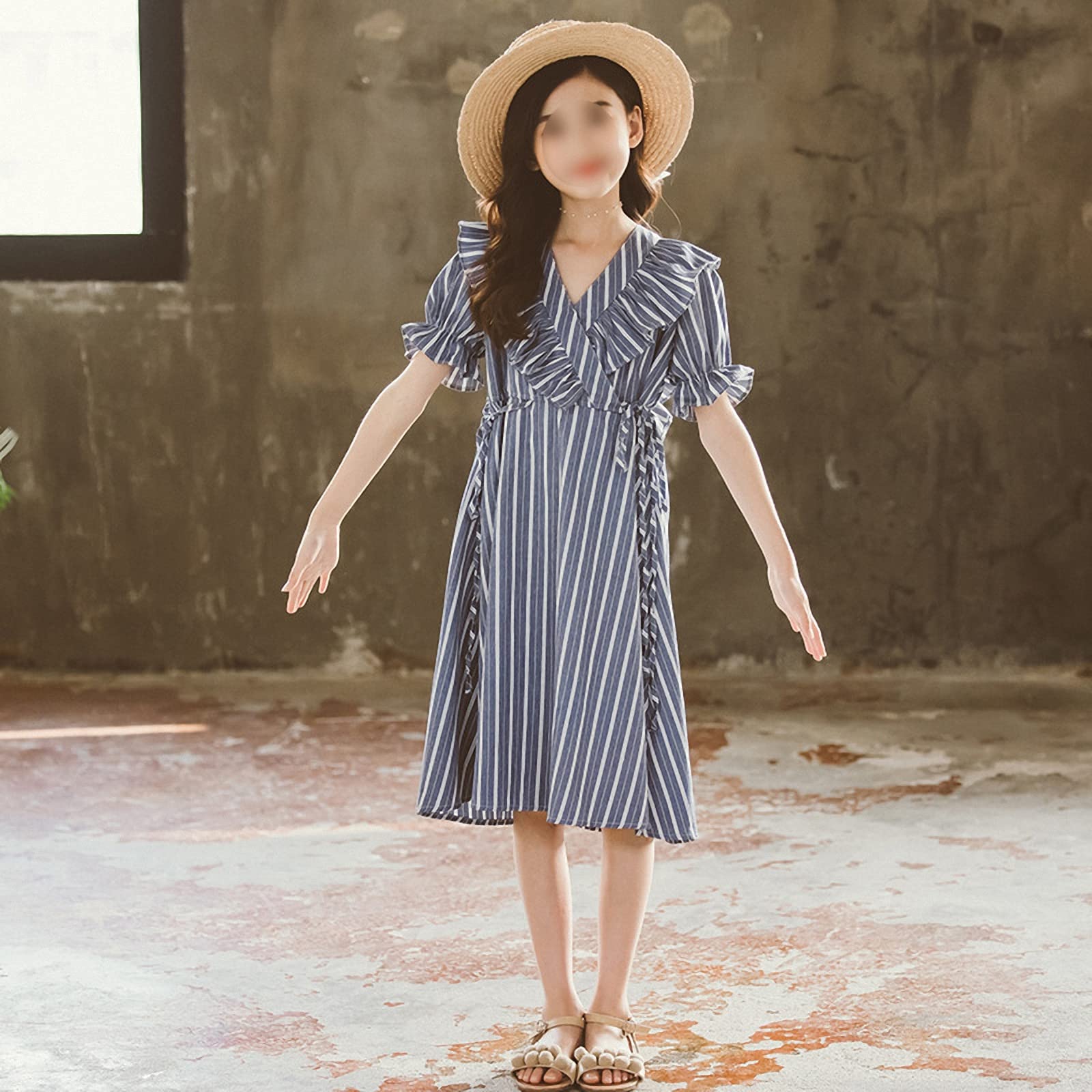 Vestido para niñas, Vestido de Princesa con Volantes a Rayas de Verano, Falda de Vacaciones en Playa con Mangas abullonadas de Encaje para niños medianos y Grandes