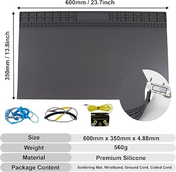 23.7'' x 13.8'' Extra Large Soldering Mat with ESD Wrist Strap & Ground Cord, 932°F Heat Resistant Silicone Solder Mat, Large Repair Work Mat for Electronic, Cellphone, Laptop Repair (Grey)