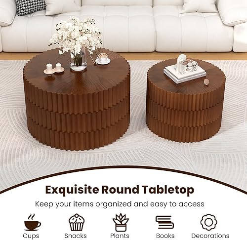 Miniatura 5 de Juego de 2 mesas auxiliares redondas estriadas con diseño en relieve, mesa auxiliar moderna de mediados de siglo, mesa auxiliar circular minimalista