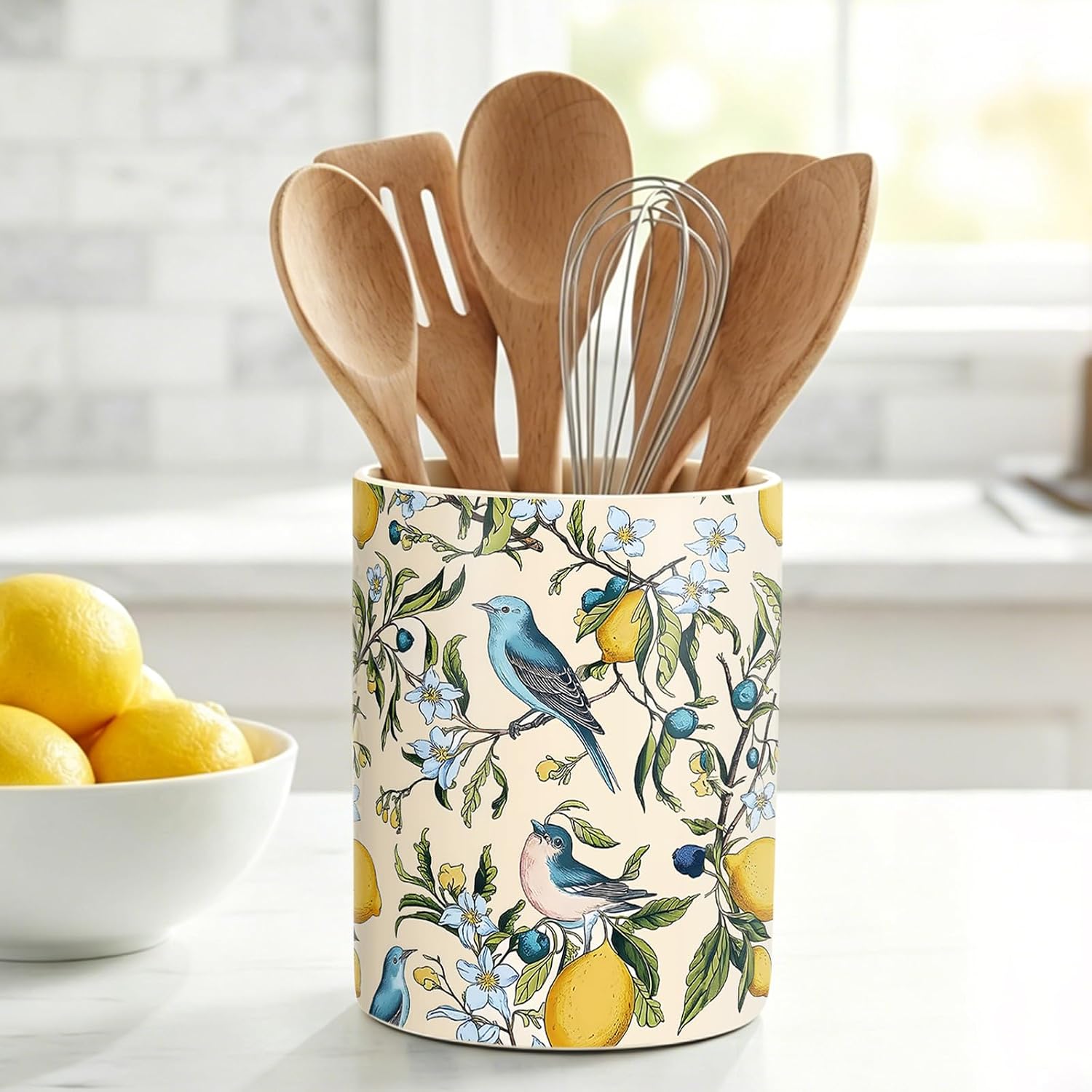 JarThenaAMCS Lemon Hummingbird Ceramic Utensil Holder 6.3 Inch Summer Kitchen Crock Vintage Yellow Lemon Blue Bird Countertop Storage Organizer for Farmhouse Home Container Cooking Gift