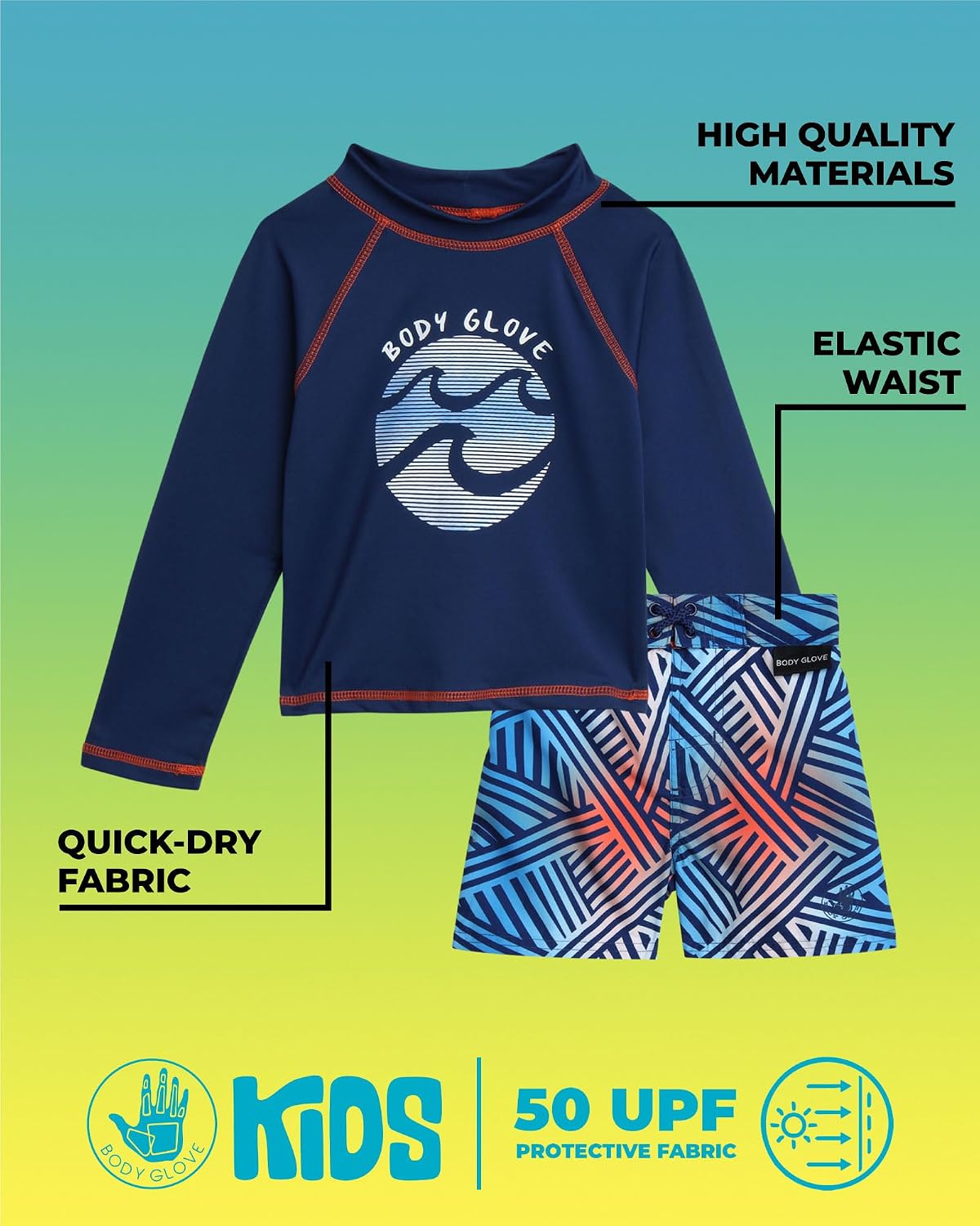 Body Glove Baby Toddler Boys Swim Set - 2 Piece UPF 50+ Quick Dry Swim Trunks and Rash Guard for Boys Kids Swimwear (2T-4T)