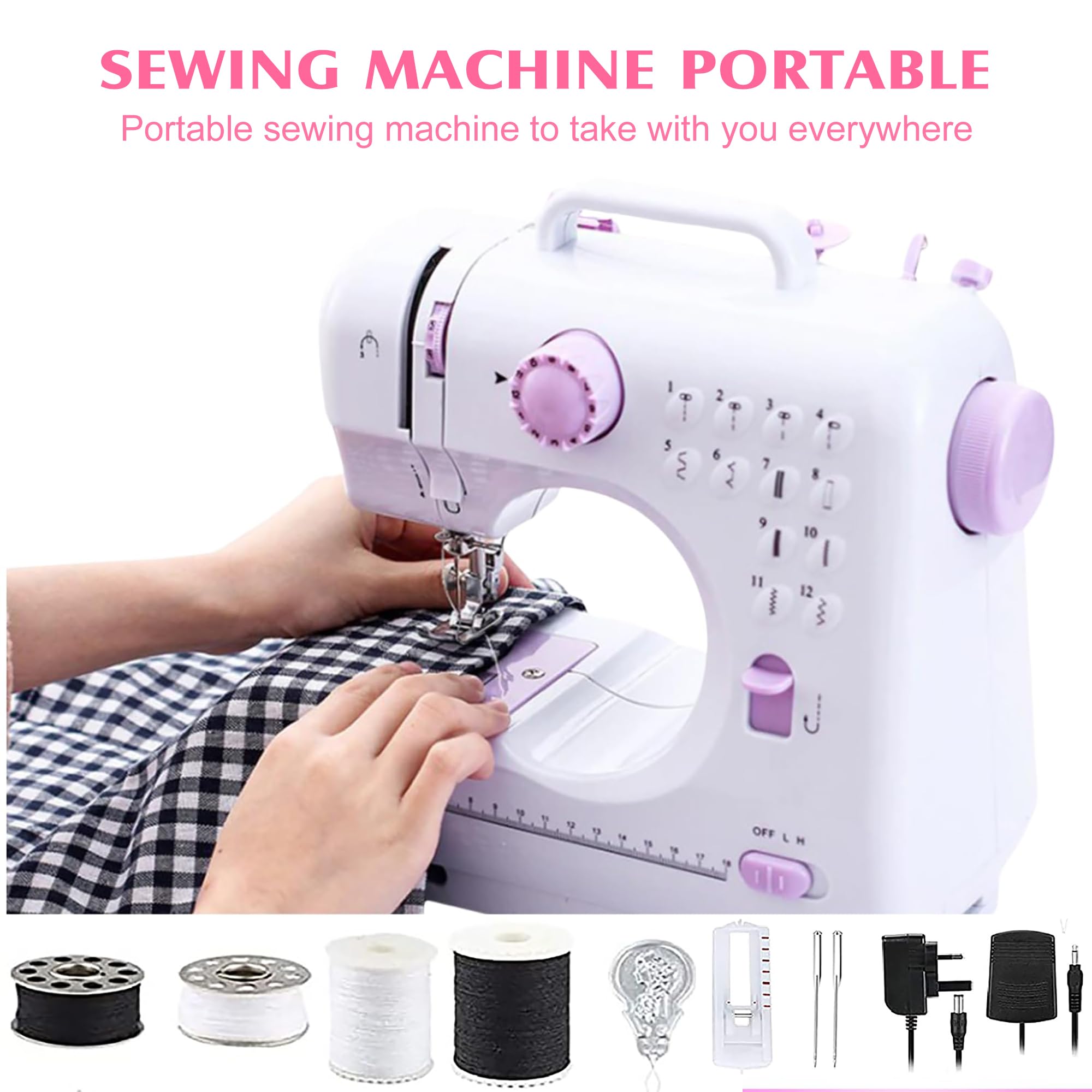 Mini Nähmaschine - 12 Stichmuster tragbare elektrische Nähmaschine mit Eingebautem LED-Licht und Fußpedal, Doppellinien-Rückwärtsstich Multifunktionsnähmaschine für Kinder und Anfänger