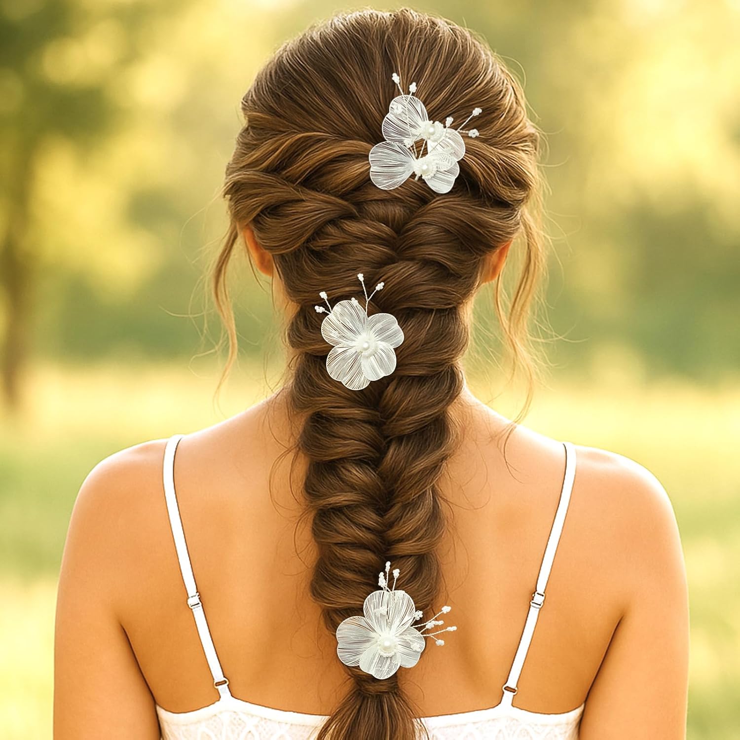 Pearl Metal Flower Hair Pins Pieces Accessories for Bride Wedding (Pack of 3) (White) - Image 2
