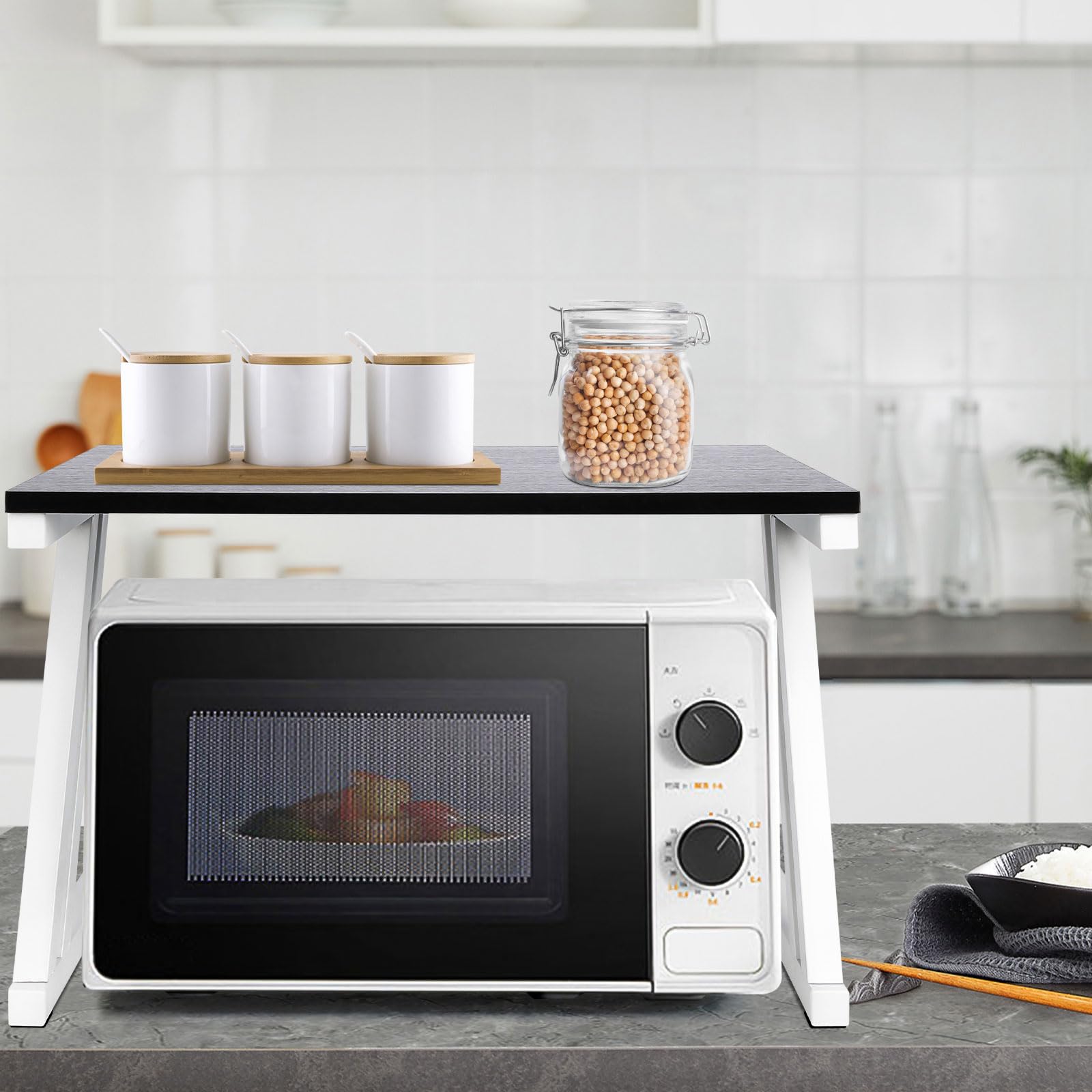LANTUS Estante extensible para microondas con gancho, soporte para horno, parrilla, estante de encimera para microondas, encimera de cocina