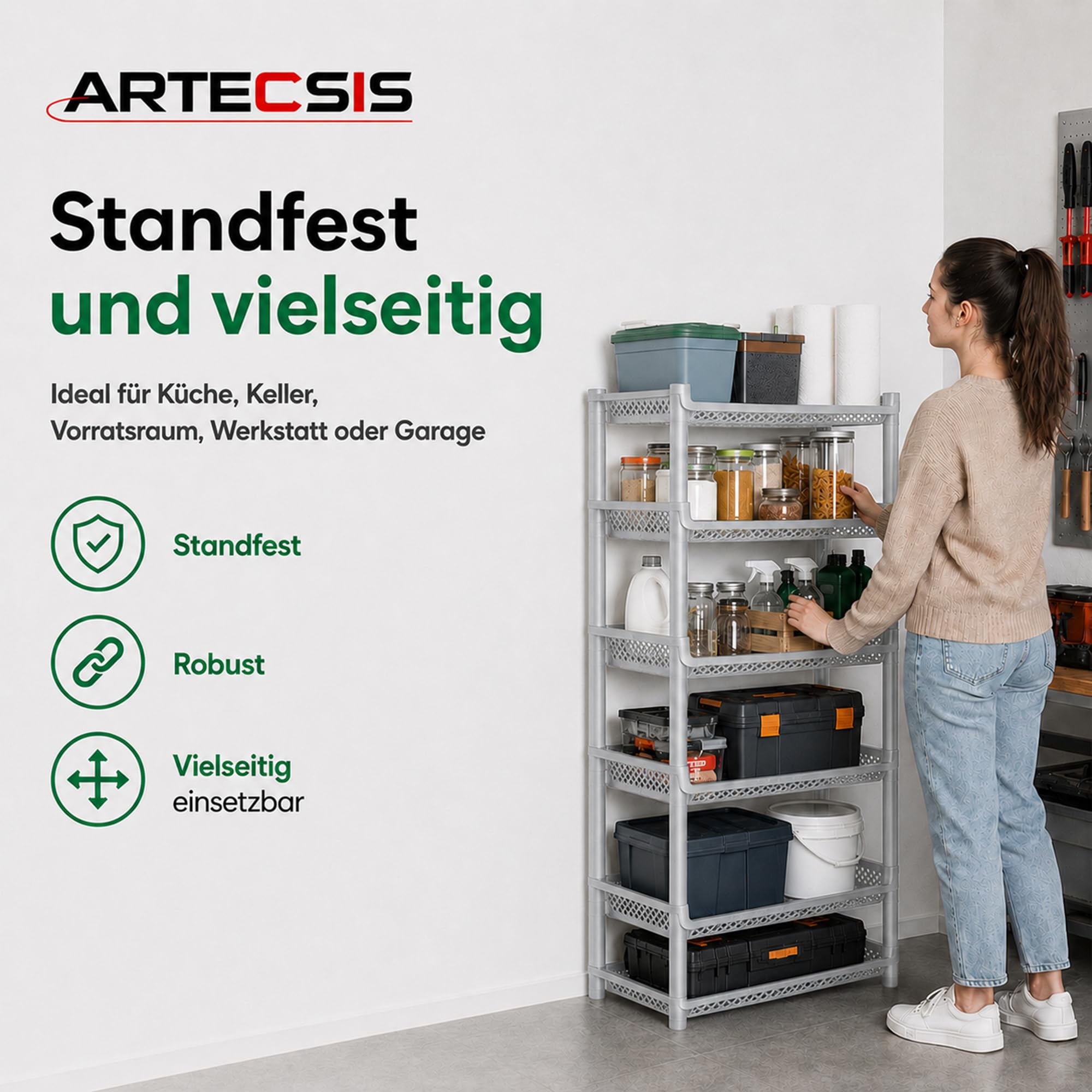ARTECSIS® Korbregal aus Kunststoff mit 6 Regal-Etagen stapelbar & modular erweiterbares Stecksystem grau (schmal) - Kellerregal & Vorratsregal für Lagerung - Abstellraum Steckregal & Lagerregal