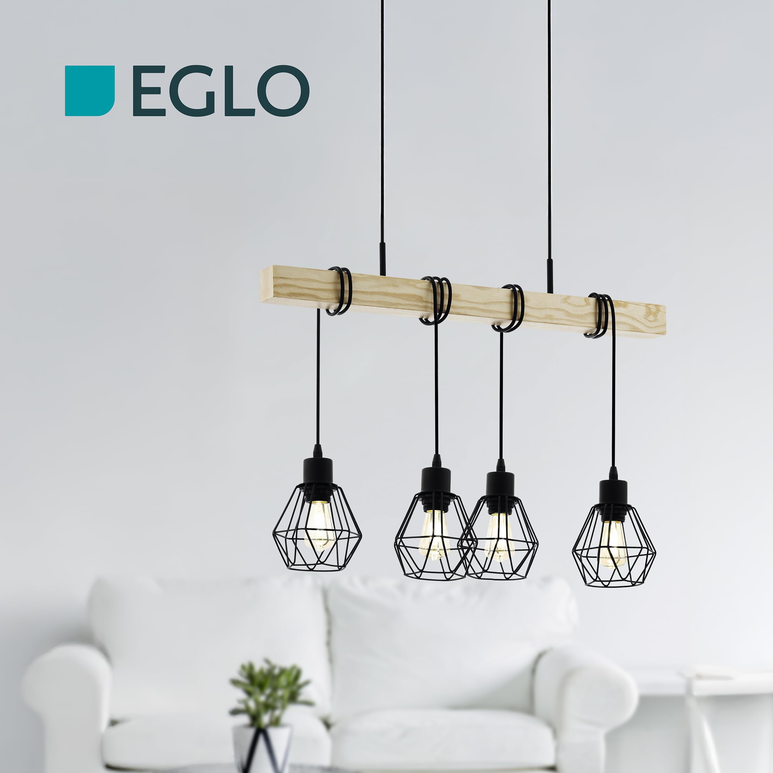 EGLO Lampa Wisząca Townshend 5 - 4-Światłowa Vintage w Stylu Industrialnym, Retro Wykonana ze Stali i Drewna, Czarna, Brązowa, Certyfikat FSC, E27
