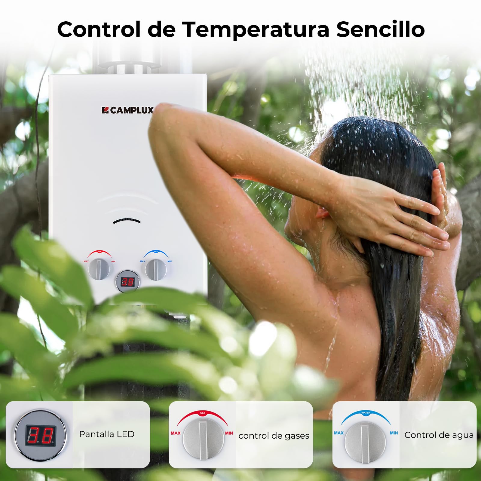 Camplux BW158C Calentador de agua instantáneo de gas con cubierta de lluvia, Tankless LPG Calentador de agua portátil 6 l, 12 kW, 50 mbar, para camping, ducha de caballos