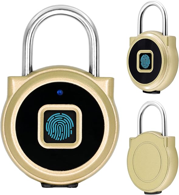 Smart Fingerprint Padlock, Bluetooth Lock, USB Rechargeable, Remote Authorization, KozyOne Smart Keyless Security Lock for iOS/Android, IP65 Waterproof, for Locker, Backpack, Bike, Storage (Gold)