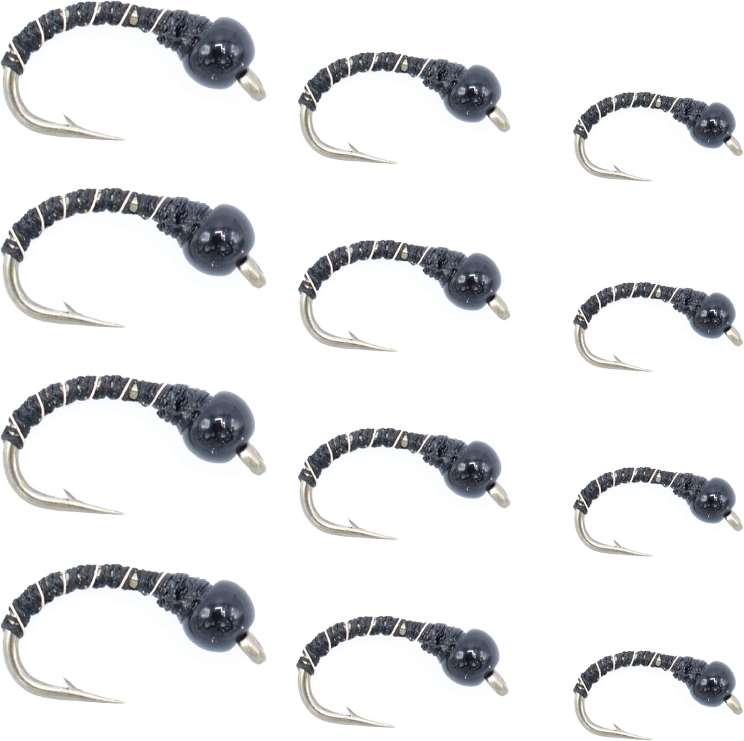 The Fly Fishing Place Black Zebra Midge - Black Bead Head - 1 Dozen - 4 Each of 3 Sizes 14, 16, 18 - Tailwater and Lake Fly Fishing Flies Assortment