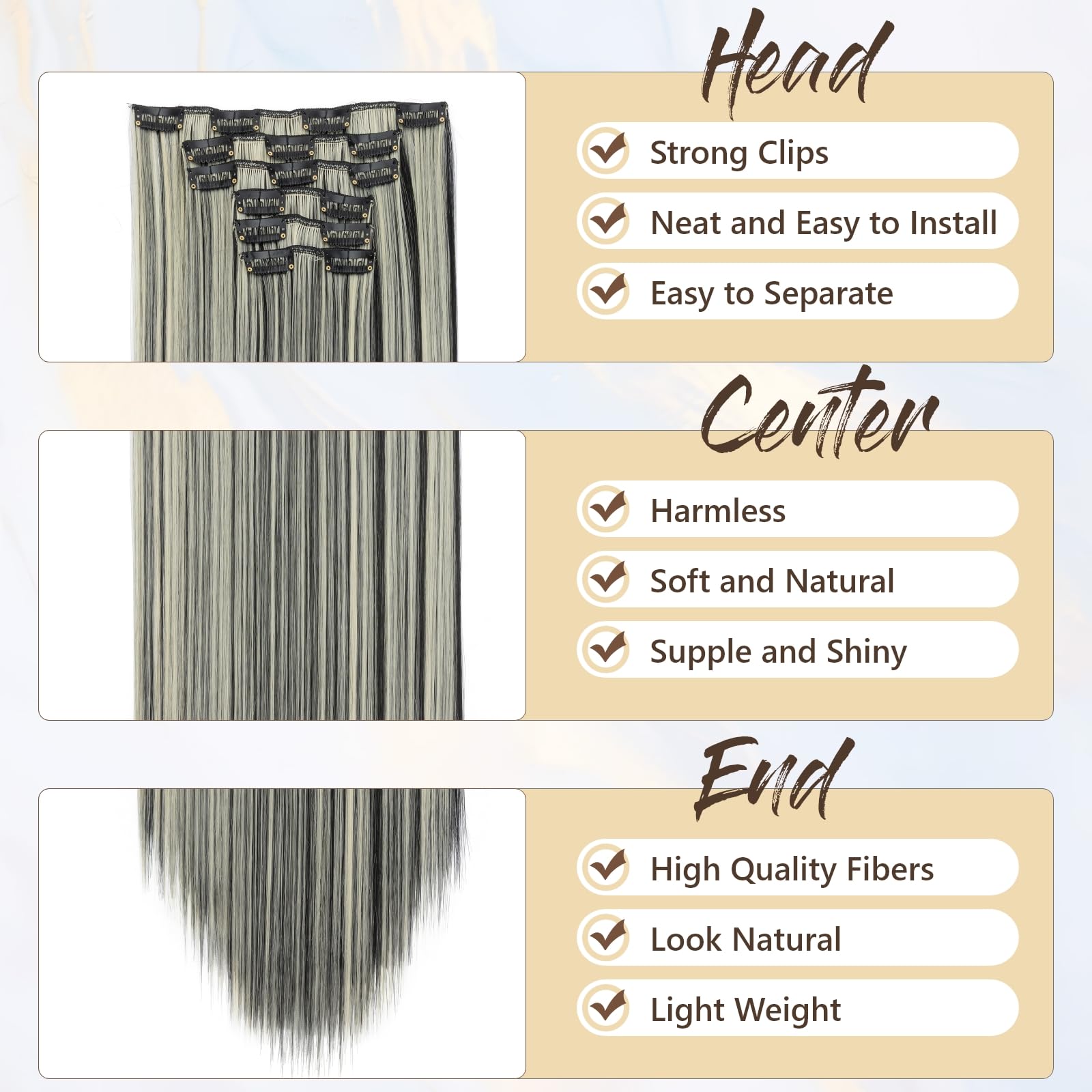 Benehair 24" Clip in Hair Extensions Full Head 6 Pcs 16 Clips Long Straight Hair Extensions Clip in Synthetic Fiber Natural Extension Black mix Blonde Hairpiece for Women(Black mix Blonde - Image 4