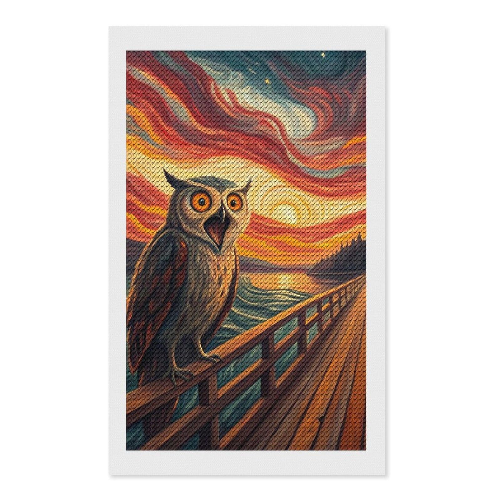 Junmoney Screaming Owl on A Pier at Sunset Round Drill Diamond Painting 12"x20", for Women, Relaxing DIY Hobby, Bedroom Decor, Christmas Gift, Adhesive Canvas
