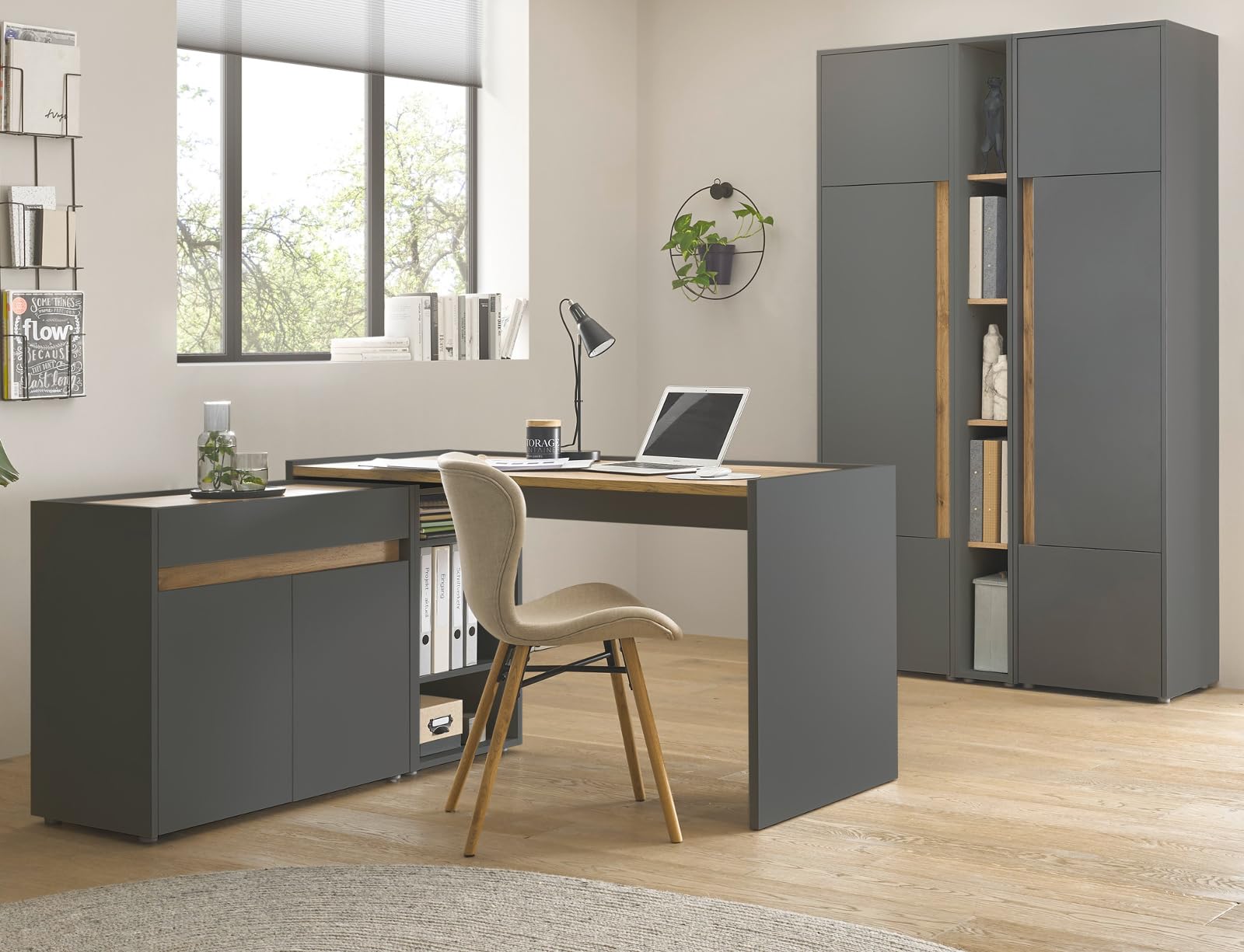 Büromöbel Set grau matt Wotan Eiche Holz modern Schreibtisch Kommode Aktenschrank Regal Homeoffice Büro Stauraum Center (Set 4)