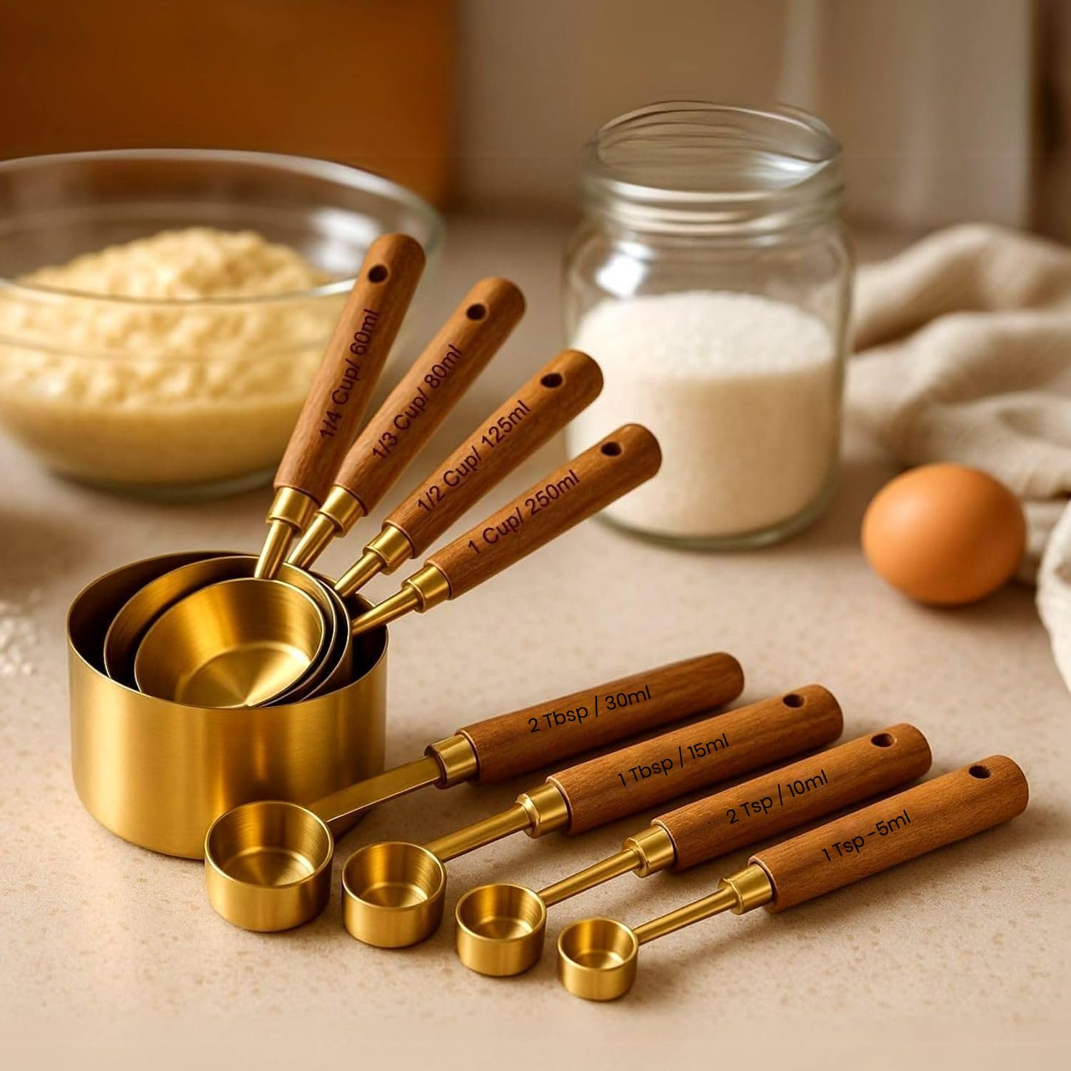 ZURATO 8pc Stainless Steel Measuring Cups and Spoon Set | Wooden Handle Measuring Spoon Scoop Set | Measuring Cups and Spoons Set | Baking Utensils-image-38