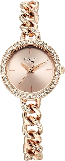 Titan Raga Round Shaped Rose Gold/Copper Dial Women Watch with Brass Strap