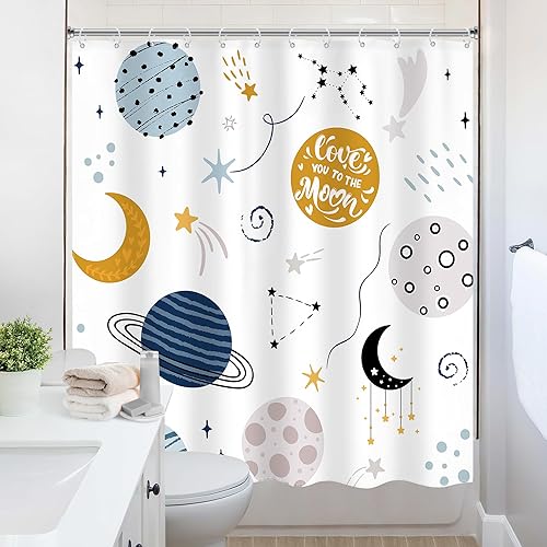 Miniatura 8 de Ufeela Cortina de ducha para niños, diseño de planeta de dibujos animados, universo lindo, galaxia, espacio y luna, juego de cortina de baño con