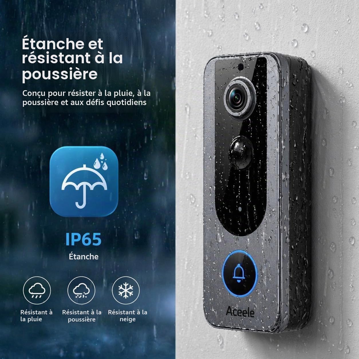 Aceele Sonnette Vidéo Intelligente sans Fil - WiFi 2.4GHZ, Vision Nocturne HDR, Détection Mouvement PIR, Étanche IP65, Autonomie 180 Jours, Interphone Bidirectionnel